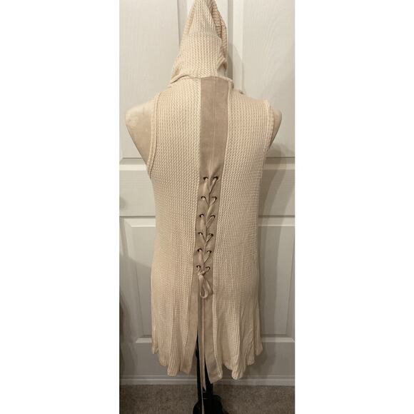 NWT Vocal Women's Cream Waffle Knit Hoodie Vest with Lace Up Back Details, S - Picture 4 of 5
